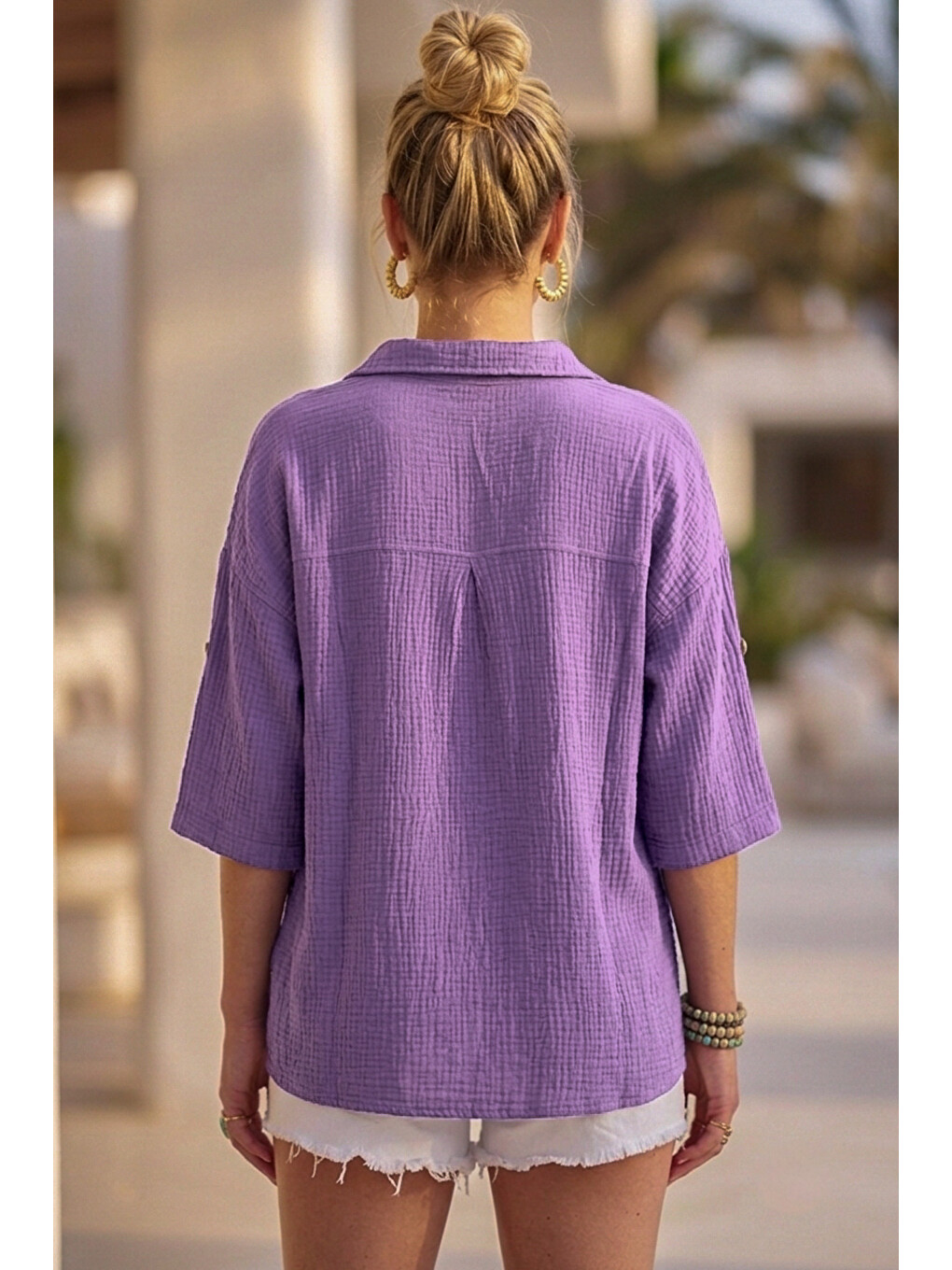 Lila Gömlek Yaka Düğmeli 3/4 Kol Casual Müslin Oversize Dokuma 67 55-7