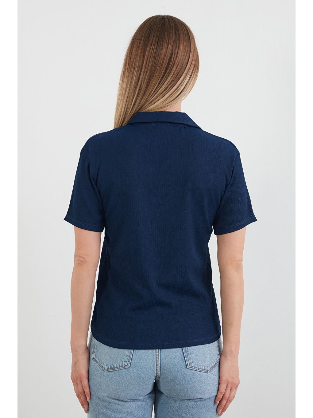 Lacivert Bürümcük Kumaş Düğmeli Polo Yaka Tişört-3