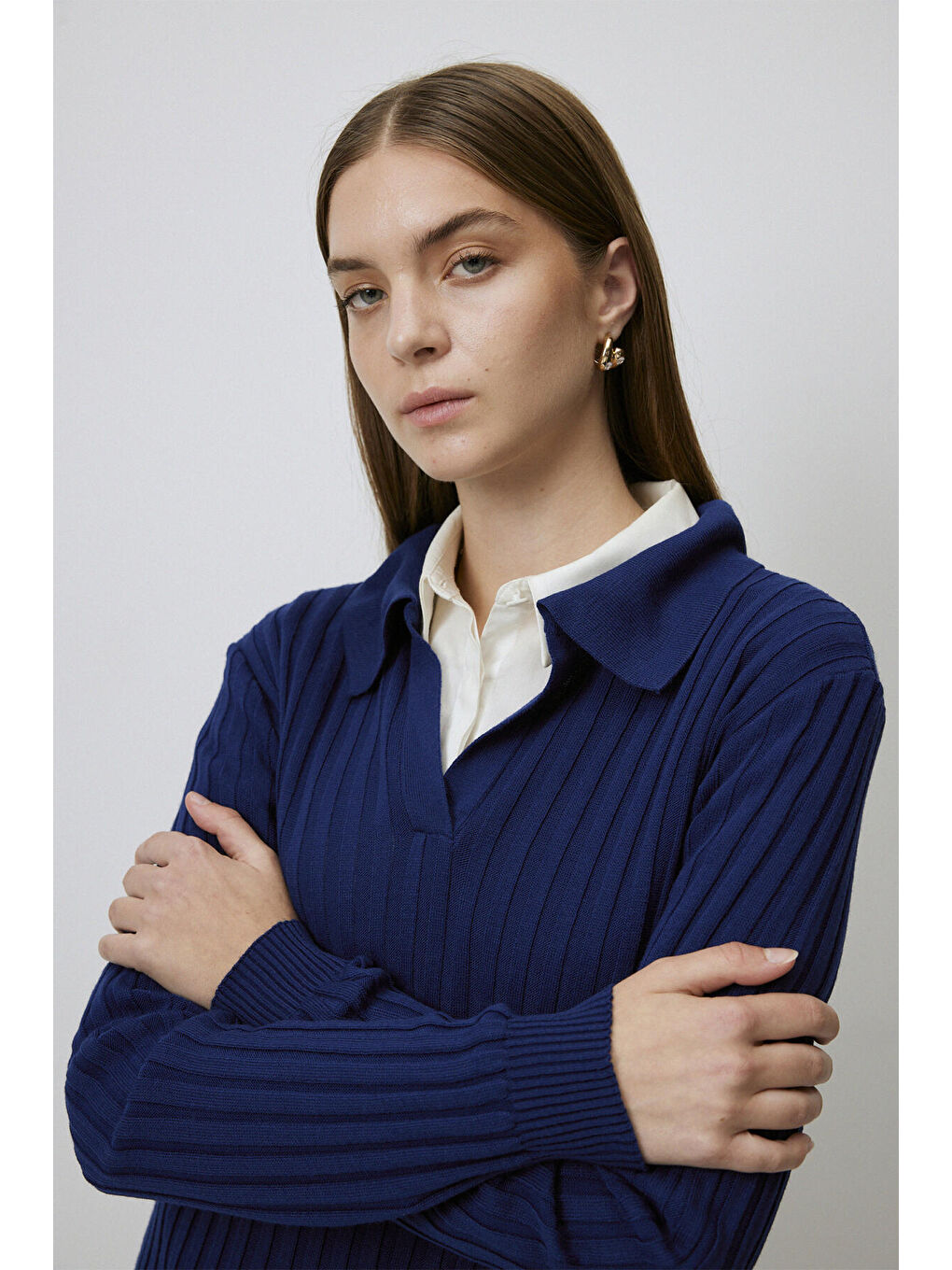 Lacivert Polo Yaka Triko Elbise-3