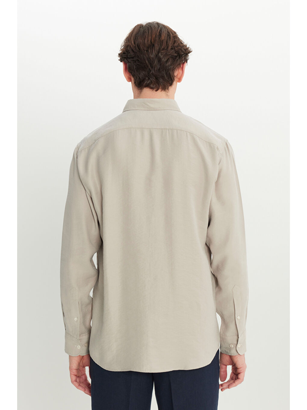 Bej Erkek Modal Rahat Kesim Gizli Düğmeli Yaka Gömlek-4