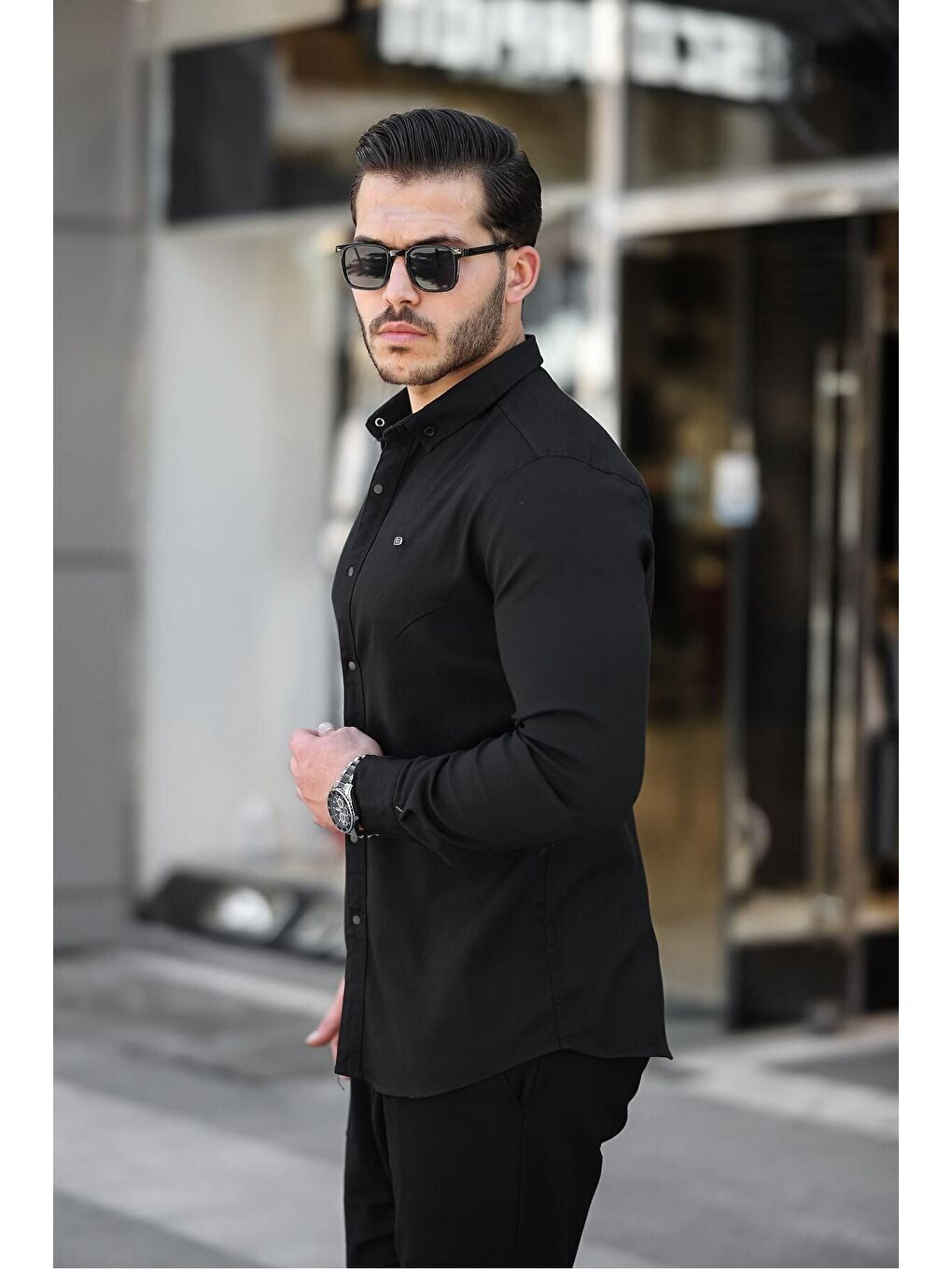 Siyah Çıtçıtlı Slim Fit Jean Gömlek-2