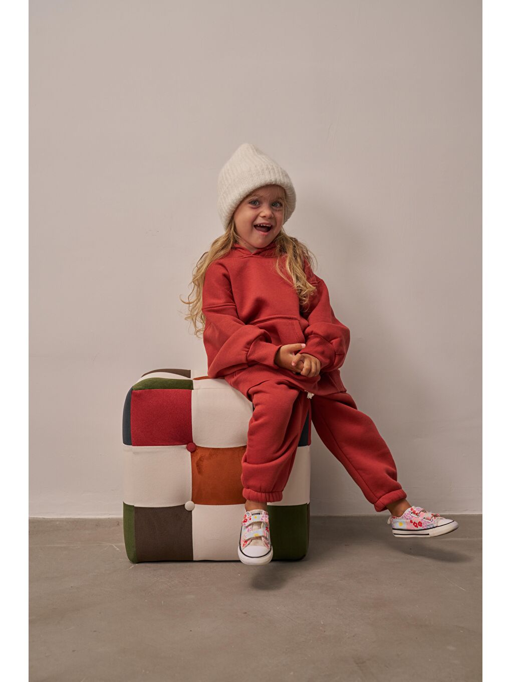 Turuncu Kiremit Çocuk Kanguru Cepli Oversize Eşofman Takımı-3