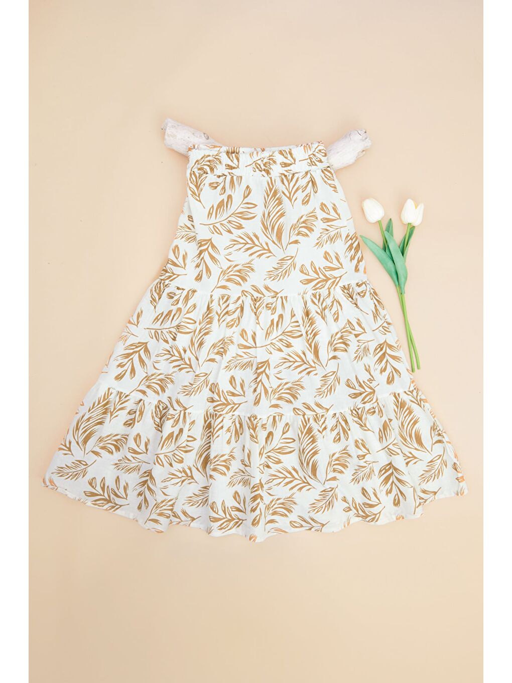 Bej Yaprak Desenli Beli Lastikli Katlı Kız Çocuk Etek-1