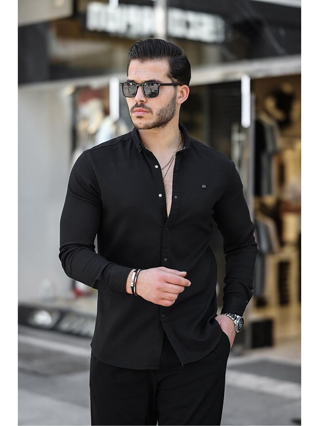 Siyah Çıtçıtlı Slim Fit Jean Gömlek-3