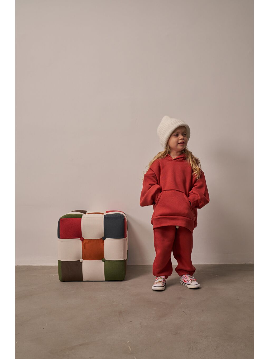 Turuncu Kiremit Çocuk Kanguru Cepli Oversize Eşofman Takımı-4