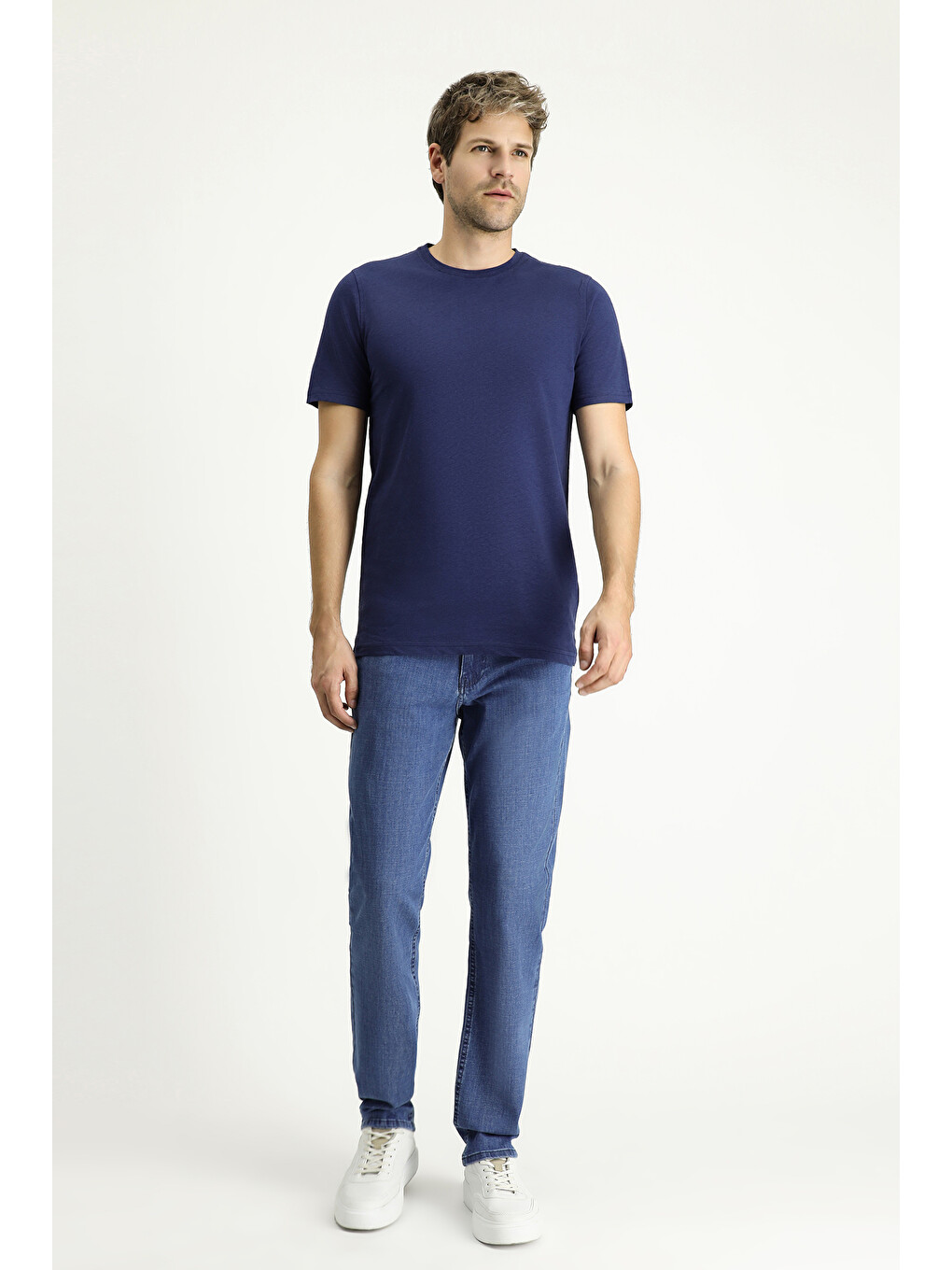 Lacivert Bisiklet Yaka Slim Fit Dar Kesim Keten Karışımlı Tişört-1