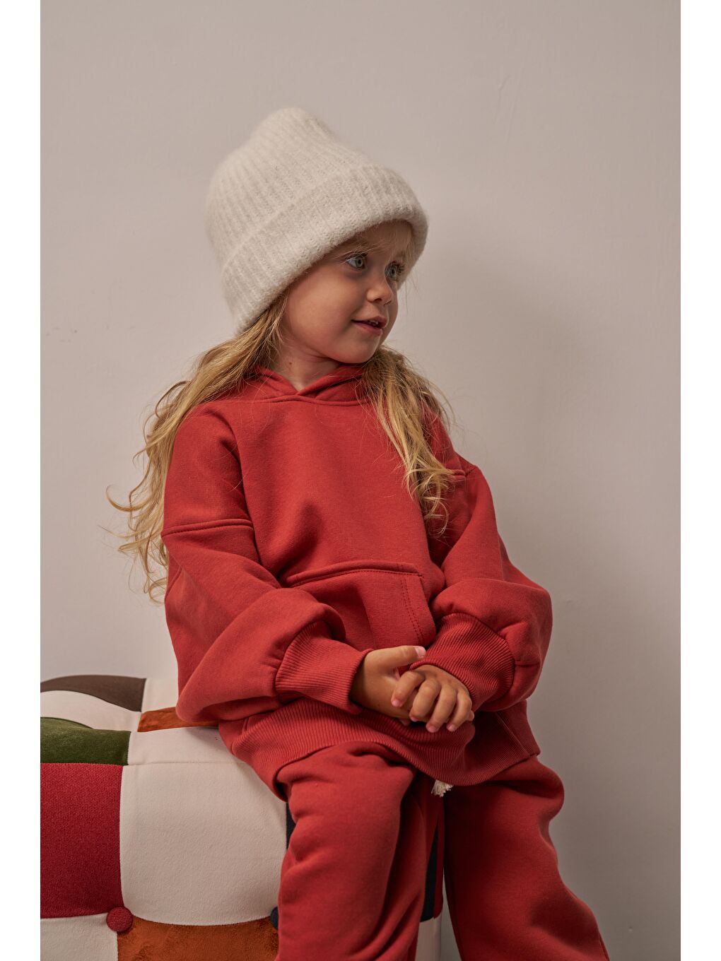 Turuncu Kiremit Çocuk Kanguru Cepli Oversize Eşofman Takımı-5