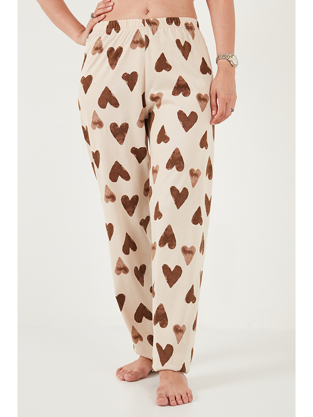 Kahverengi % 100 Pamuk Regular Fit Desenli Bisiklet Yaka Kadın Pijama Takımı 65790784-5