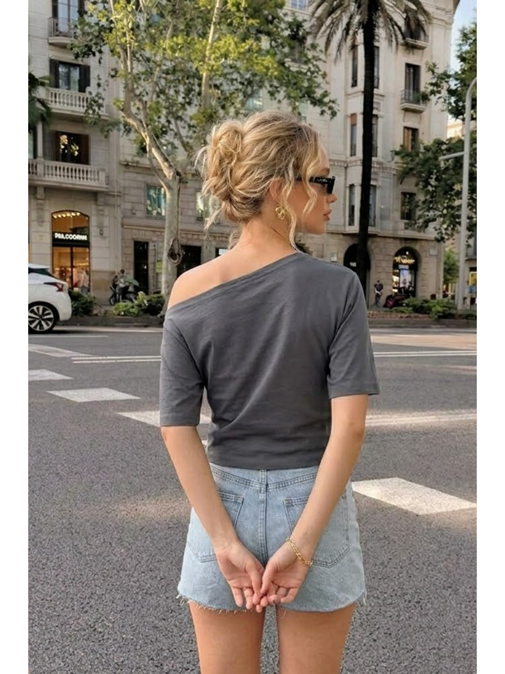 Gri Kadın Omzu Dekolteli Basic Füme Tişört-5
