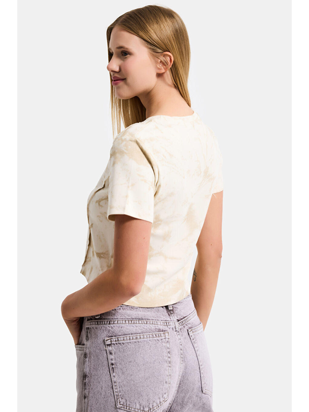 Kadın Bej Ekru w5 Özel Kumaş Elastan Crop Top-5