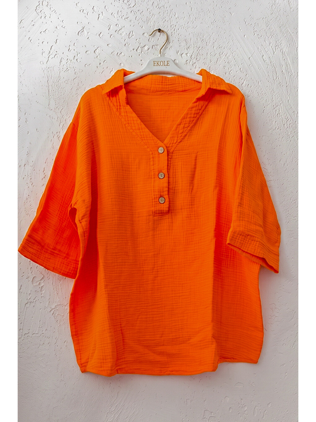 Turuncu Gömlek Yaka Düğmeli 3/4 Kol Casual Müslin Oversize Dokuma 67 67-1