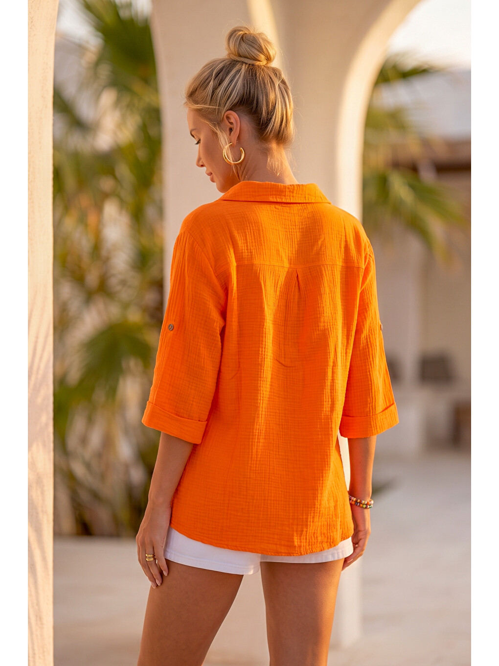 Turuncu Gömlek Yaka Düğmeli 3/4 Kol Casual Müslin Oversize Dokuma 67 67-2