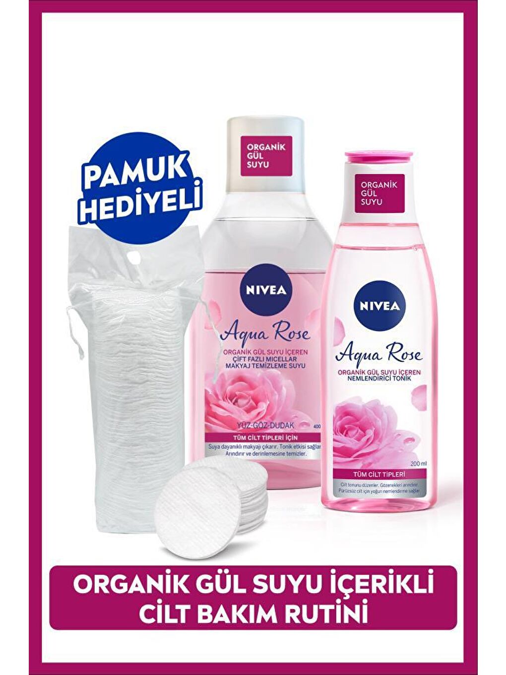 NIVEA Aqua Rose Micellar Çift Fazlı Makyaj Temizleme Suyu 400 ml ve Nemlendirici Tonik 200 ml, Pamuk Hediye