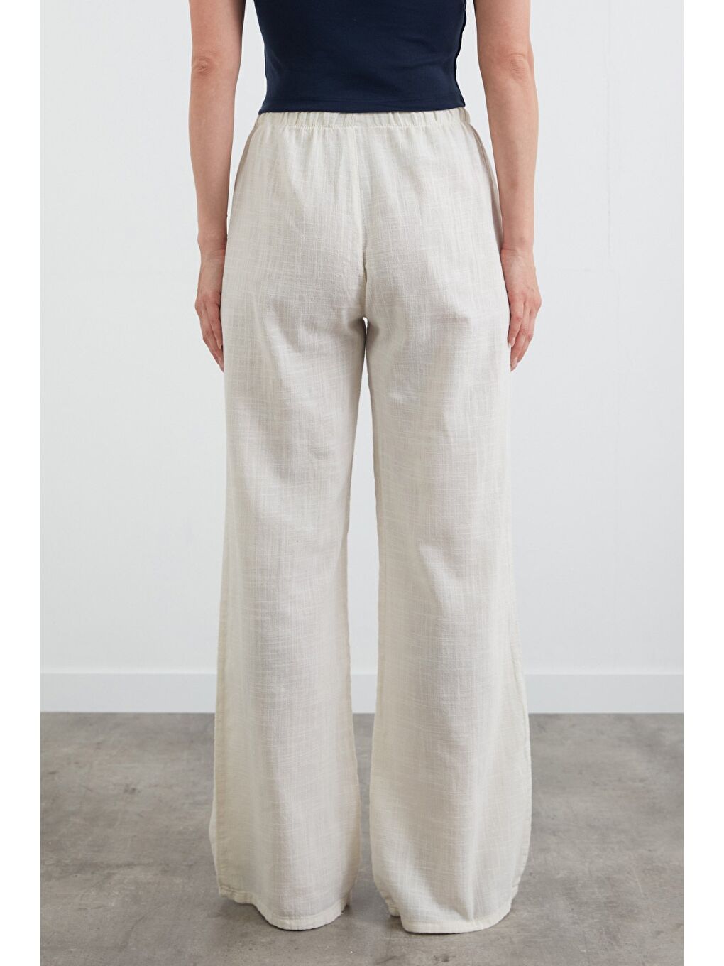 Ekru Beli Bağlamalı Cepli Keten Palazzo Pantolon-3