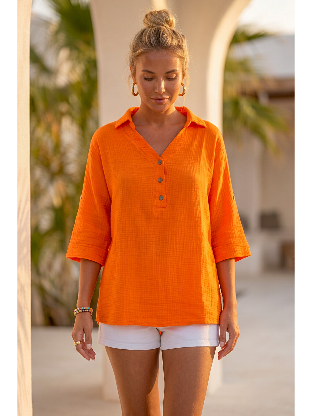 Turuncu Gömlek Yaka Düğmeli 3/4 Kol Casual Müslin Oversize Dokuma 67 67-4