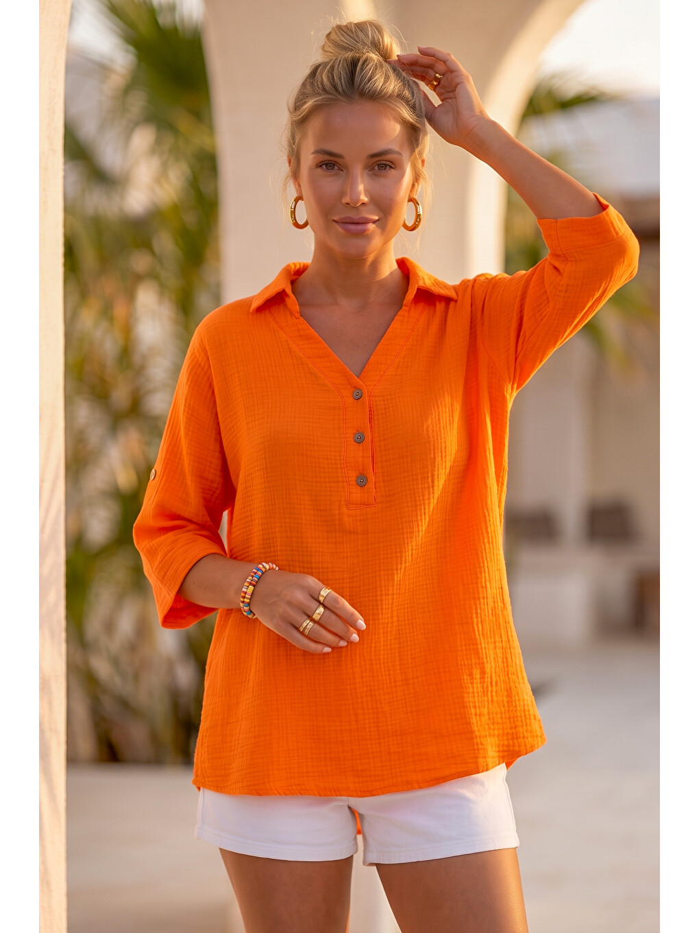 Turuncu Gömlek Yaka Düğmeli 3/4 Kol Casual Müslin Oversize Dokuma 67 67-5