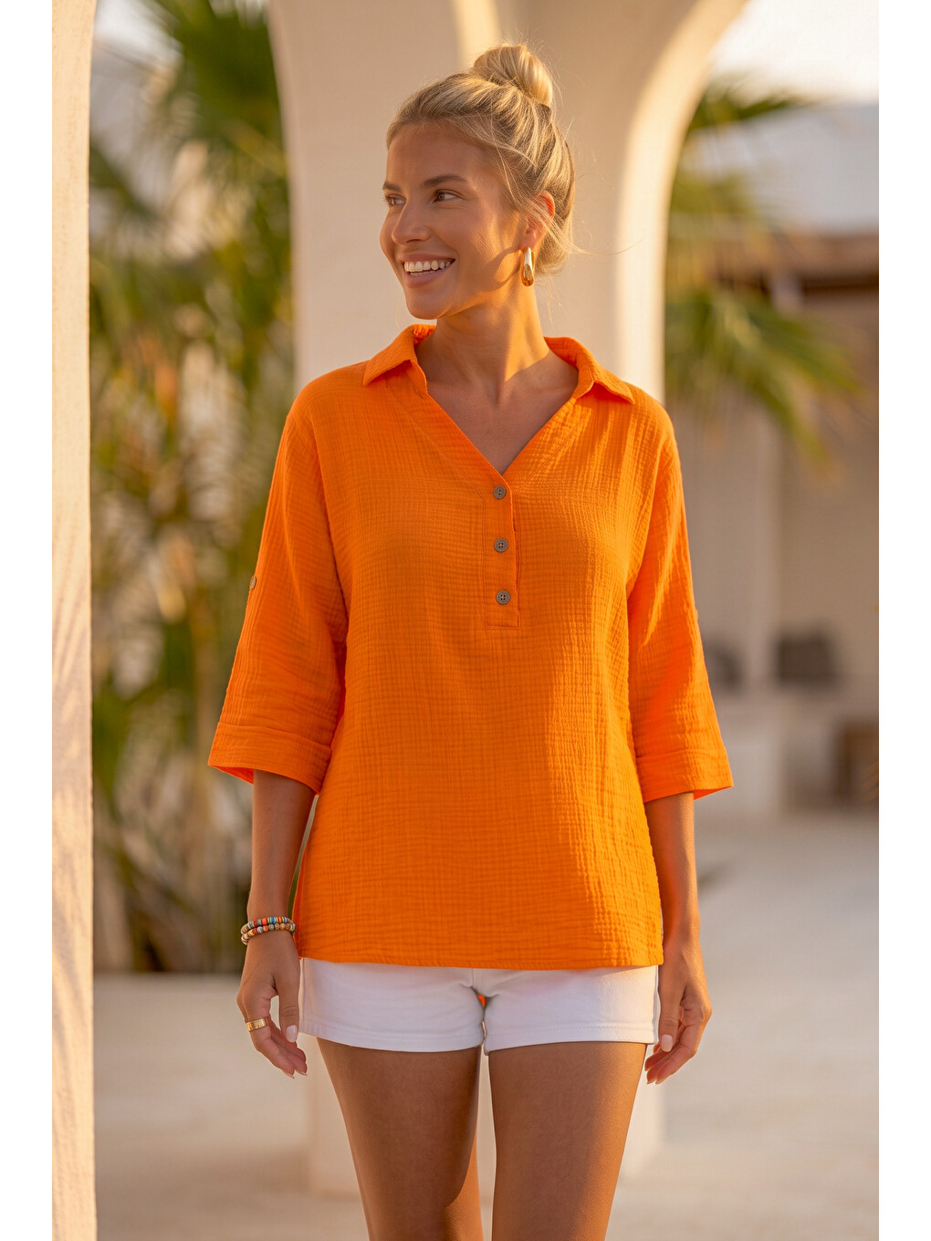 Turuncu Gömlek Yaka Düğmeli 3/4 Kol Casual Müslin Oversize Dokuma 67 67-6