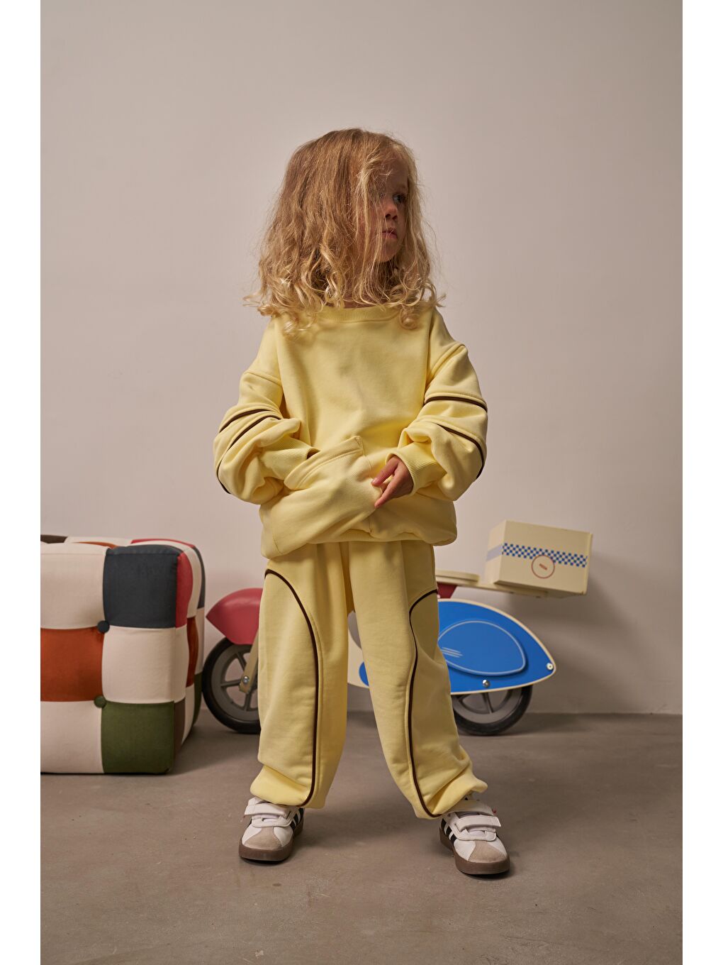 Sarı Asimetrik Cep Detaylı Oversize Çocuk Alt Üst Takım
