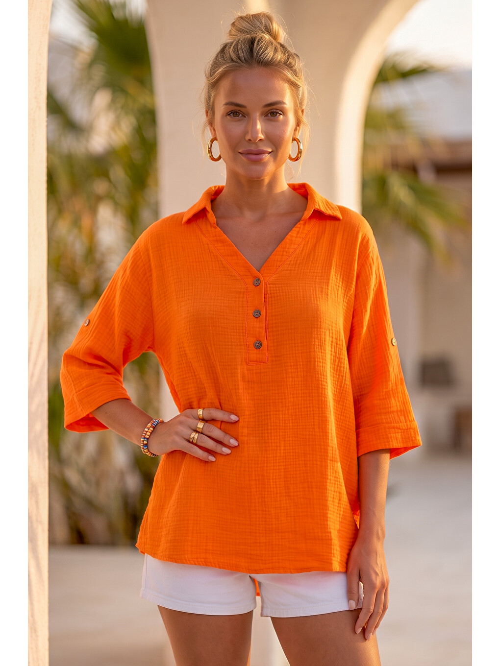 Turuncu Gömlek Yaka Düğmeli 3/4 Kol Casual Müslin Oversize Dokuma 67 67-7
