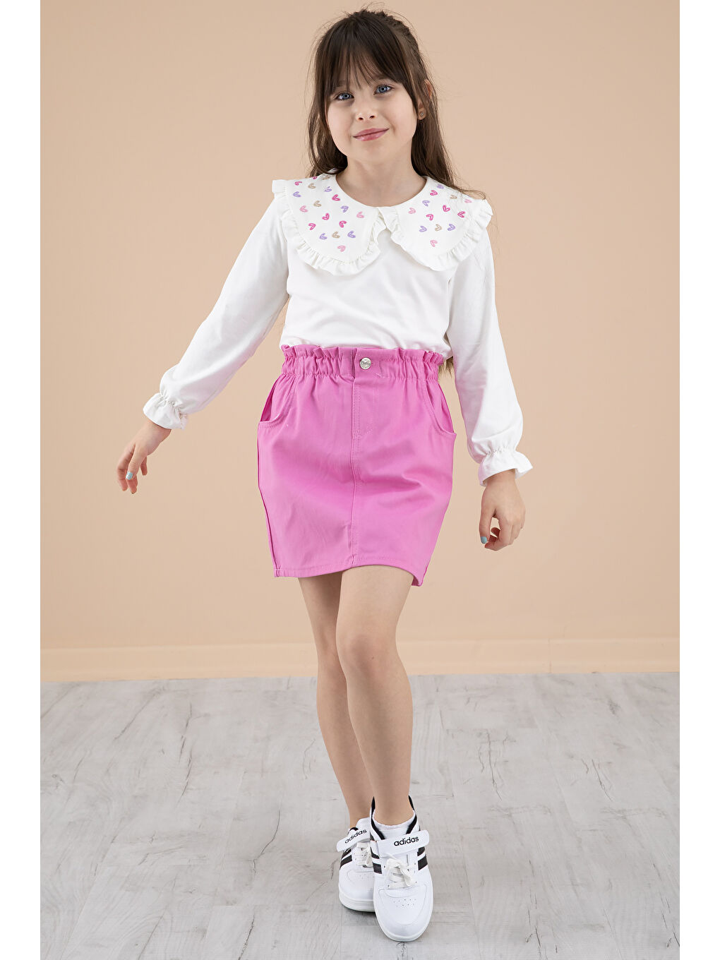 Fuşya Yakası Kalp Nakışlı Badili Jean Etekli Kız Çocuk Takım 20333