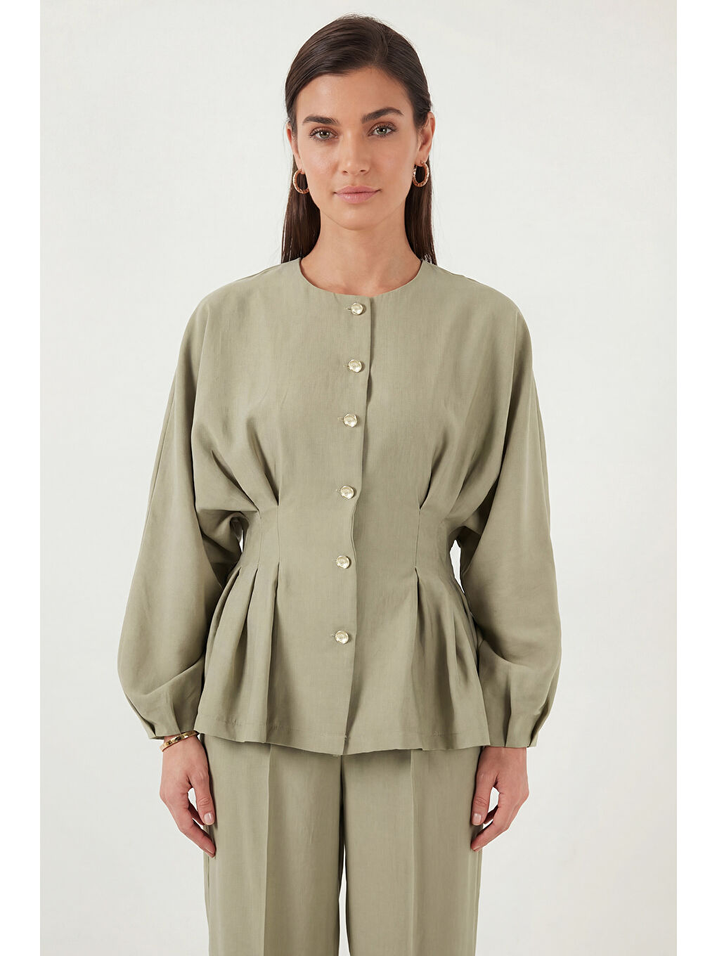 Yeşil Düğmeli Bisiklet Yaka Yüksek Bel Geniş Paça Kadın Takım 6928930-2