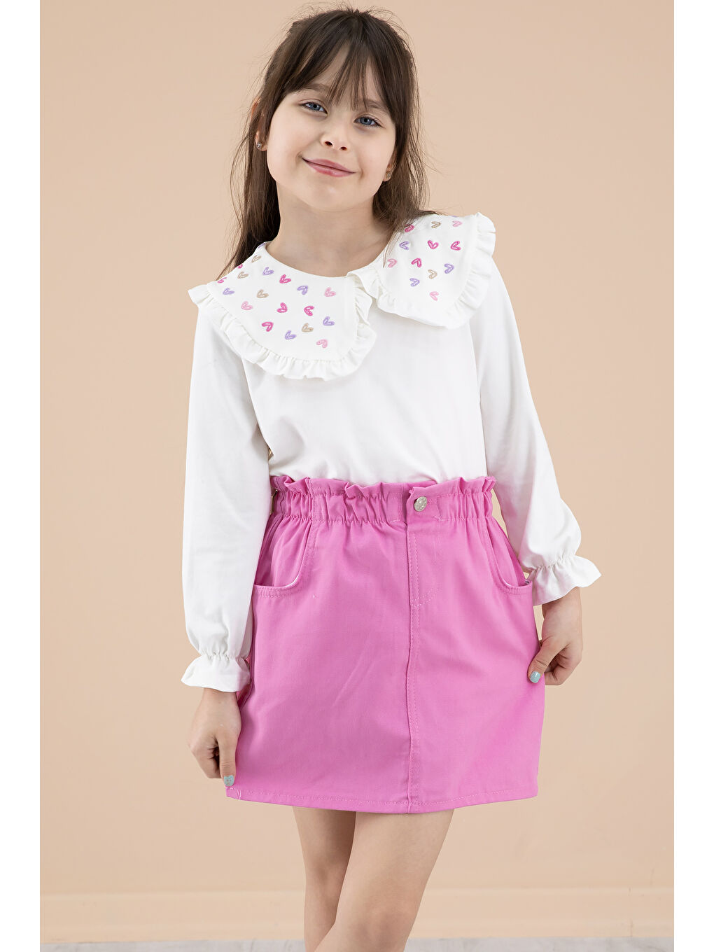 Fuşya Yakası Kalp Nakışlı Badili Jean Etekli Kız Çocuk Takım 20333-1