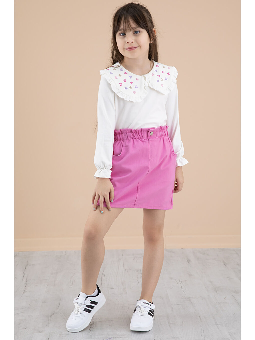 Fuşya Yakası Kalp Nakışlı Badili Jean Etekli Kız Çocuk Takım 20333-2