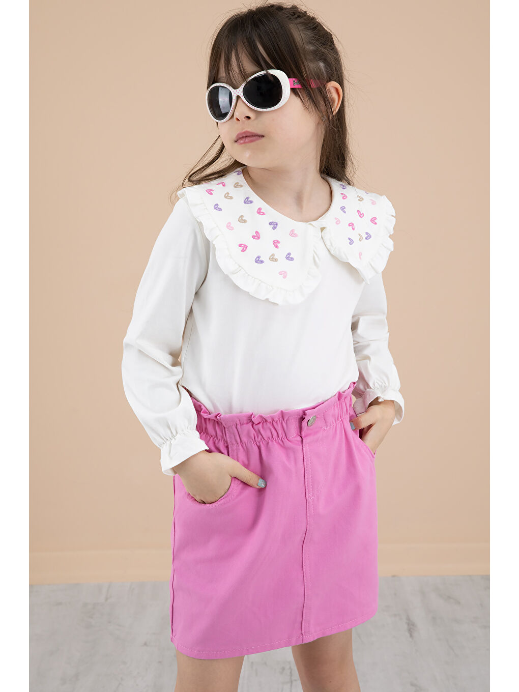 Fuşya Yakası Kalp Nakışlı Badili Jean Etekli Kız Çocuk Takım 20333-3