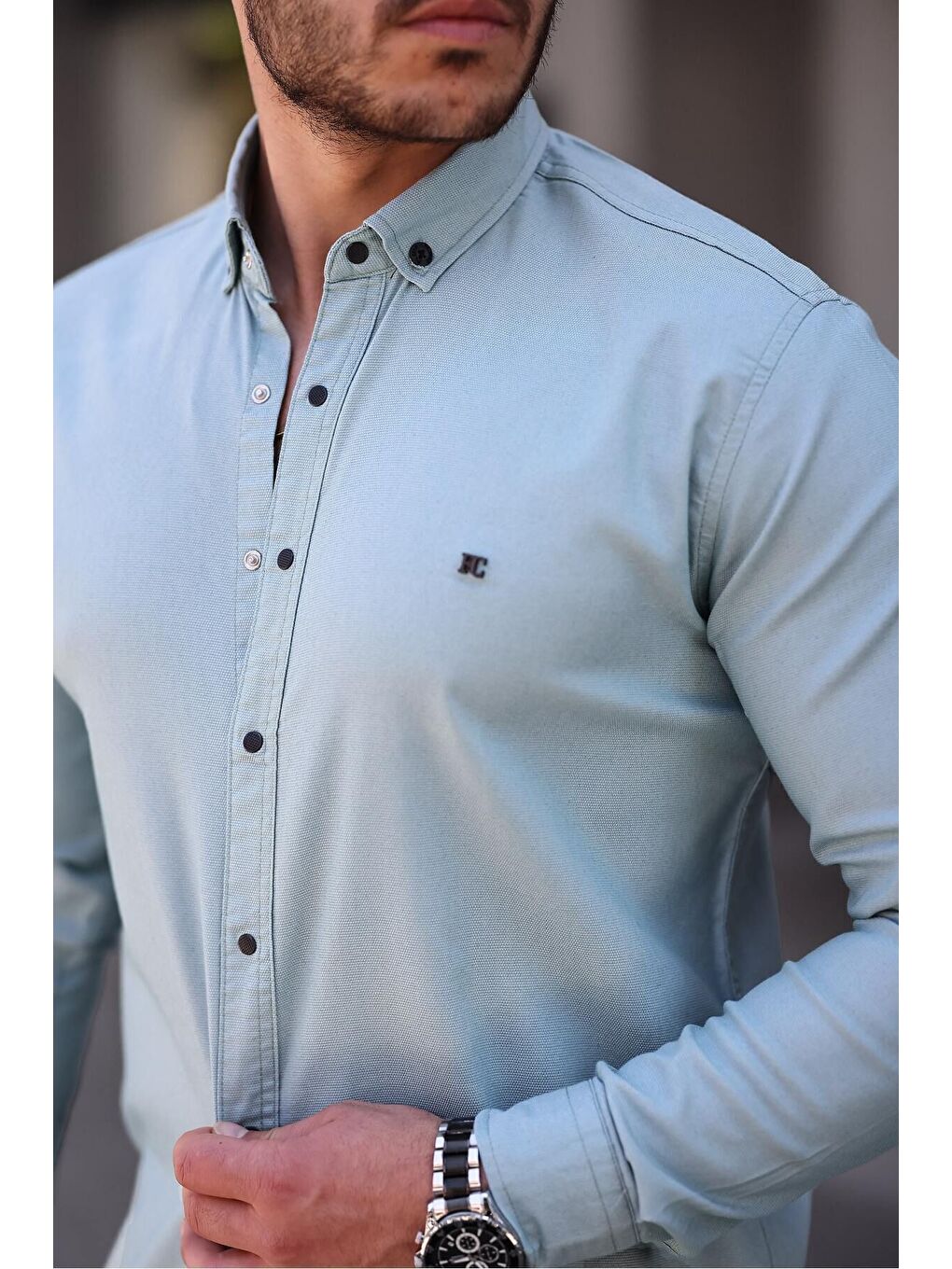 Yeşil Çıtçıtlı Slim Fit Jean Gömlek-1