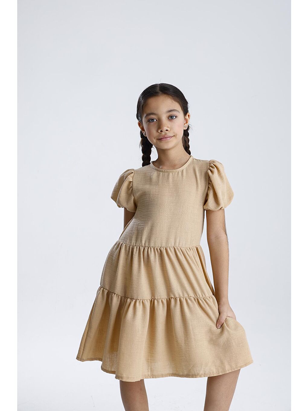 Bej Basic Düz Elbise-3