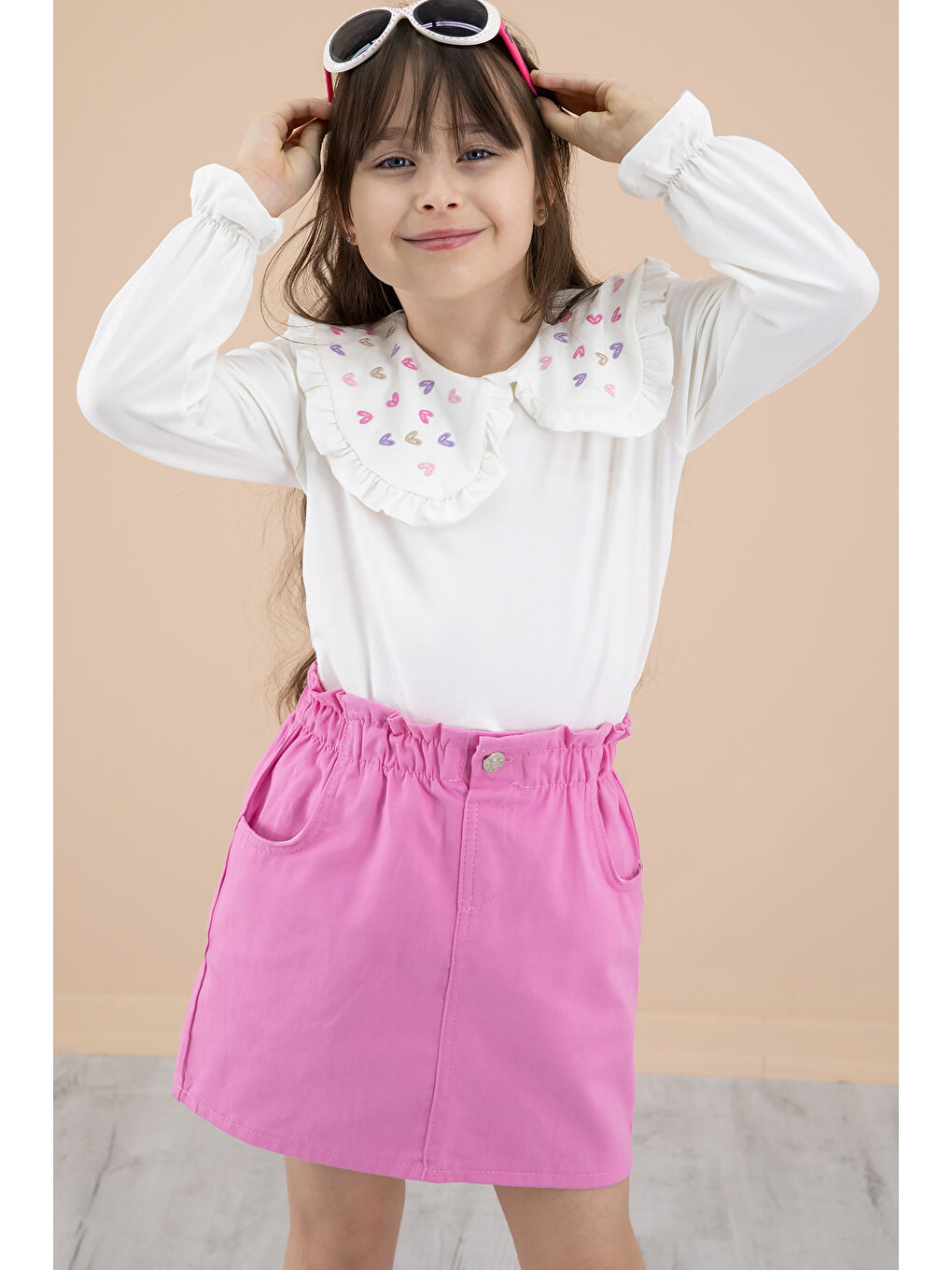 Fuşya Yakası Kalp Nakışlı Badili Jean Etekli Kız Çocuk Takım 20333-4