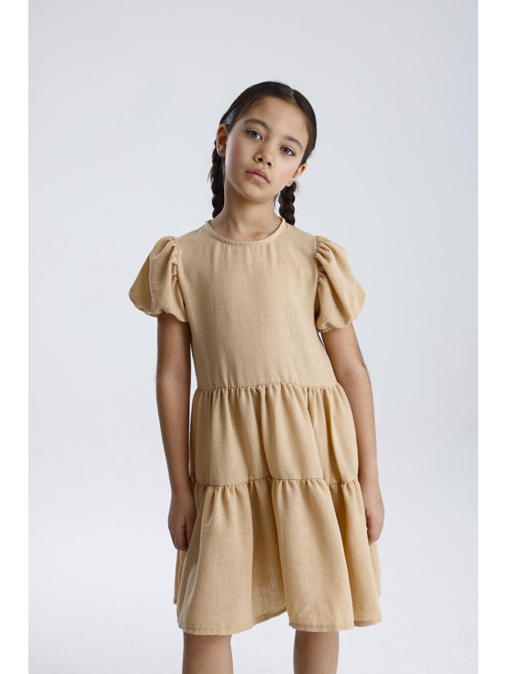 Bej Basic Düz Elbise-4