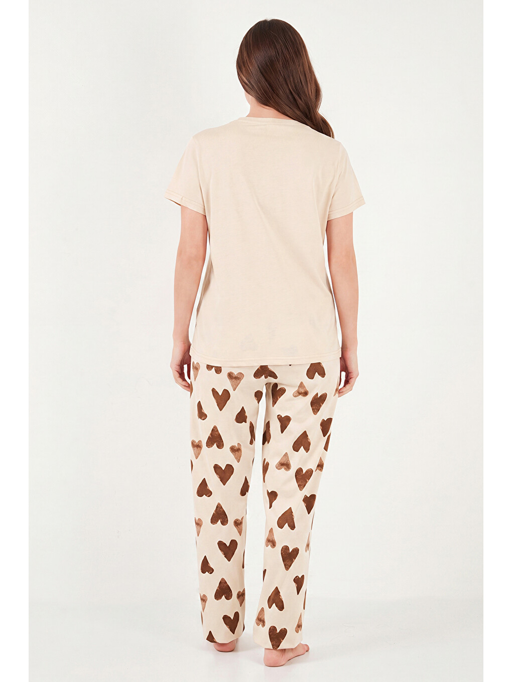 Kahverengi % 100 Pamuk Regular Fit Desenli Bisiklet Yaka Kadın Pijama Takımı 65790784-6