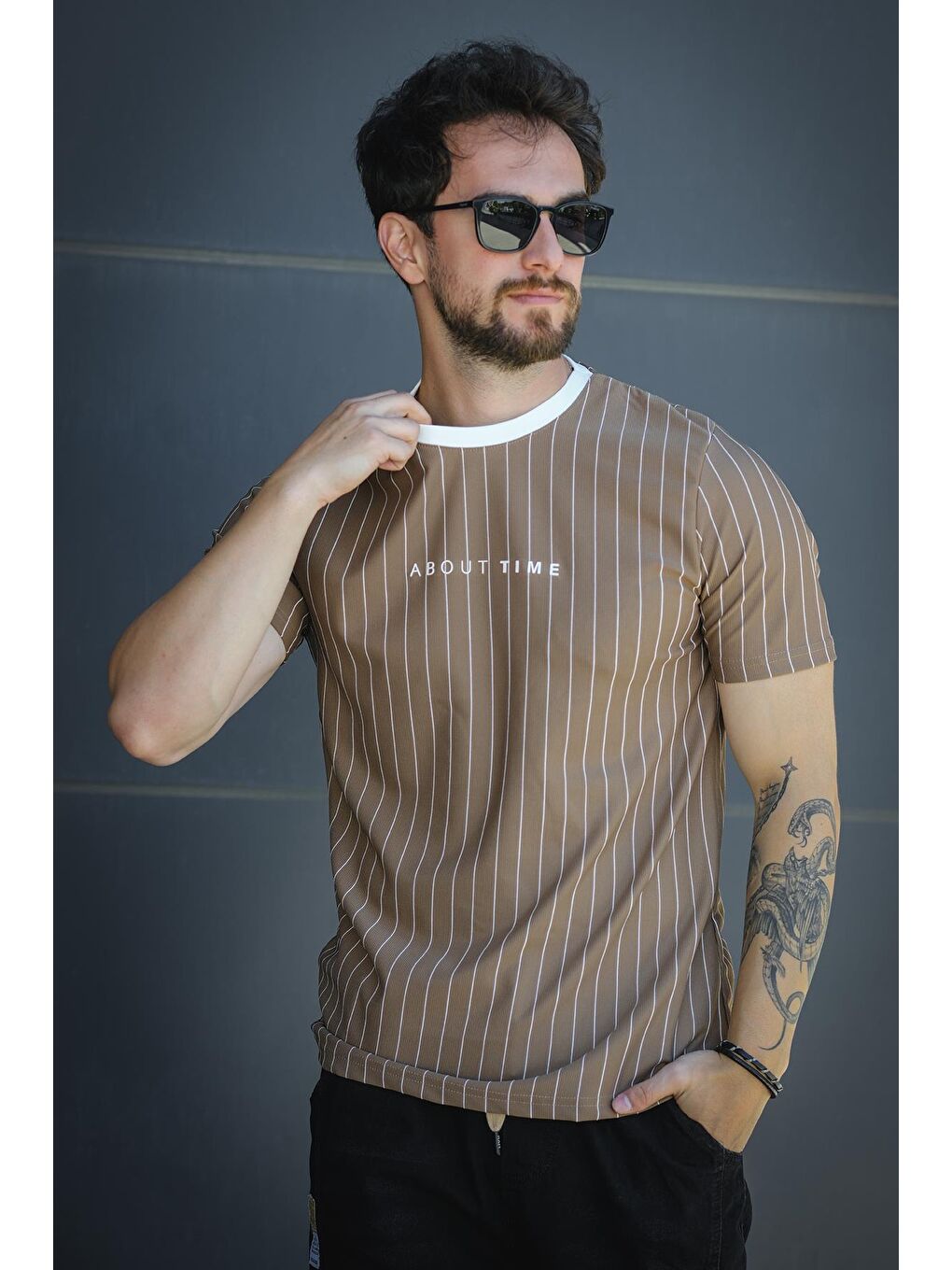 Kahverengi About Baskılı Çizgili Bisiklet Yaka Slim Fit Erkek Tshirt-2