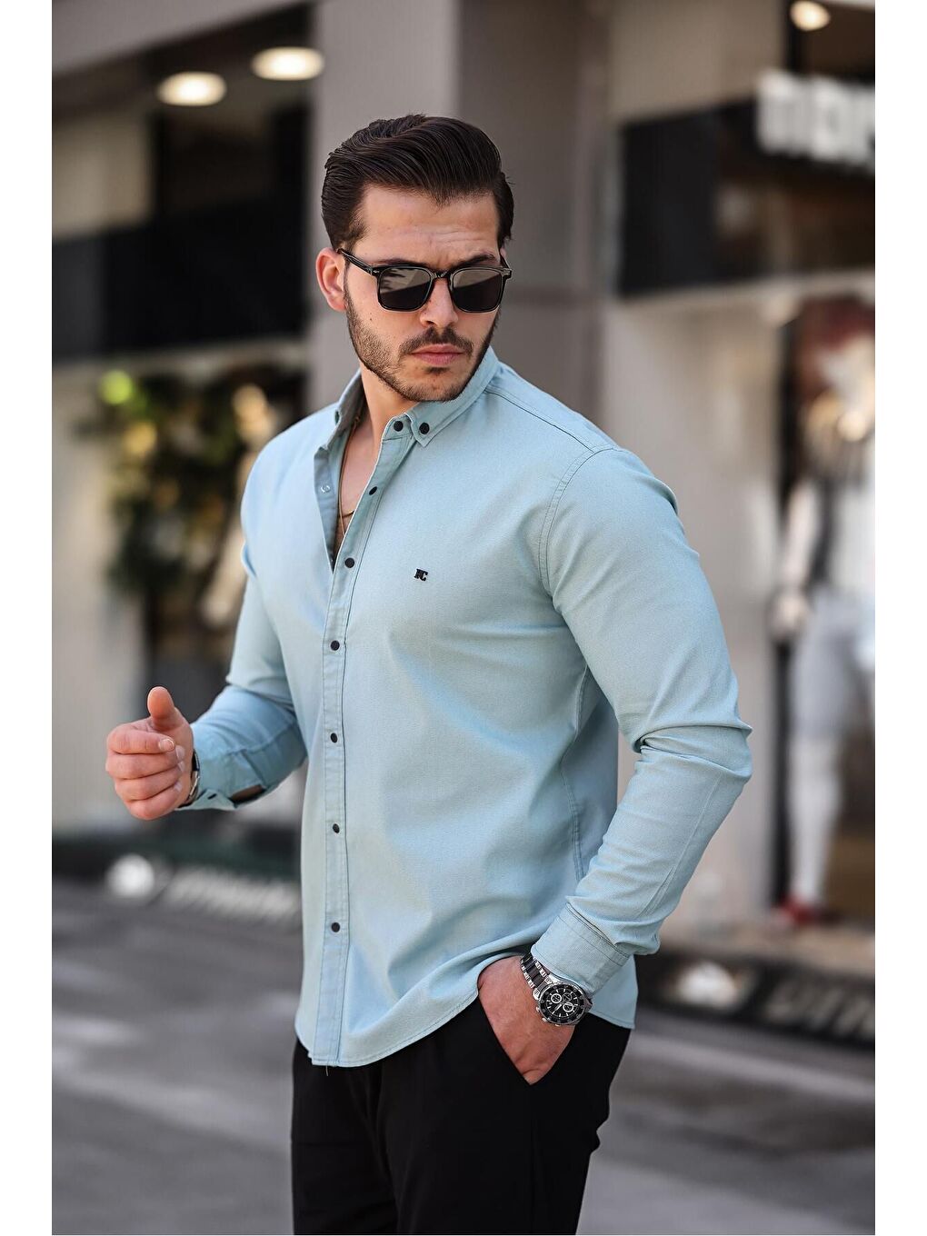 Yeşil Çıtçıtlı Slim Fit Jean Gömlek-2