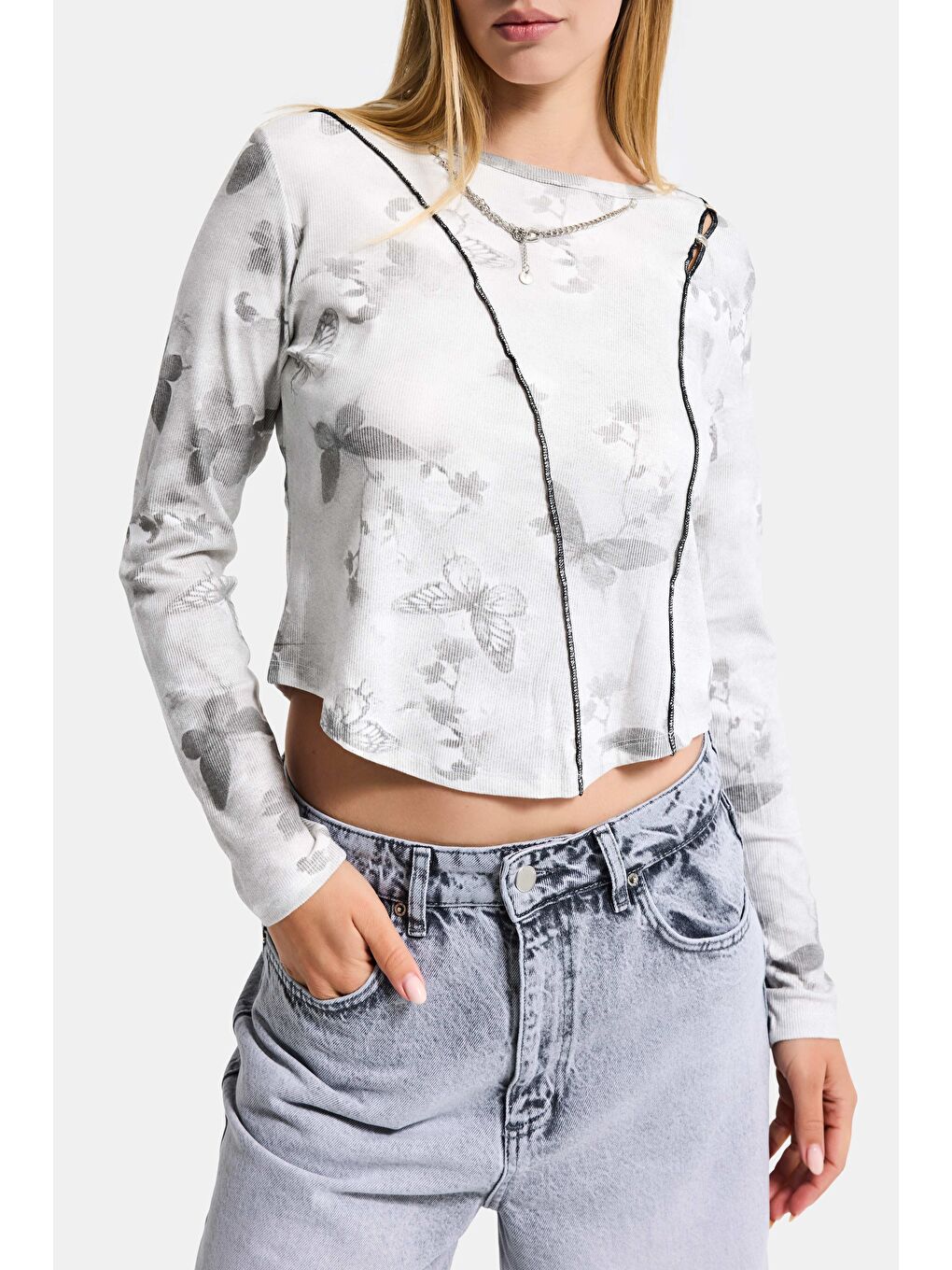 Kadın Beyaz w5 Baskılı Özel Elastan Kumaş Kolye Aksesuarlı Tasarım Body-4