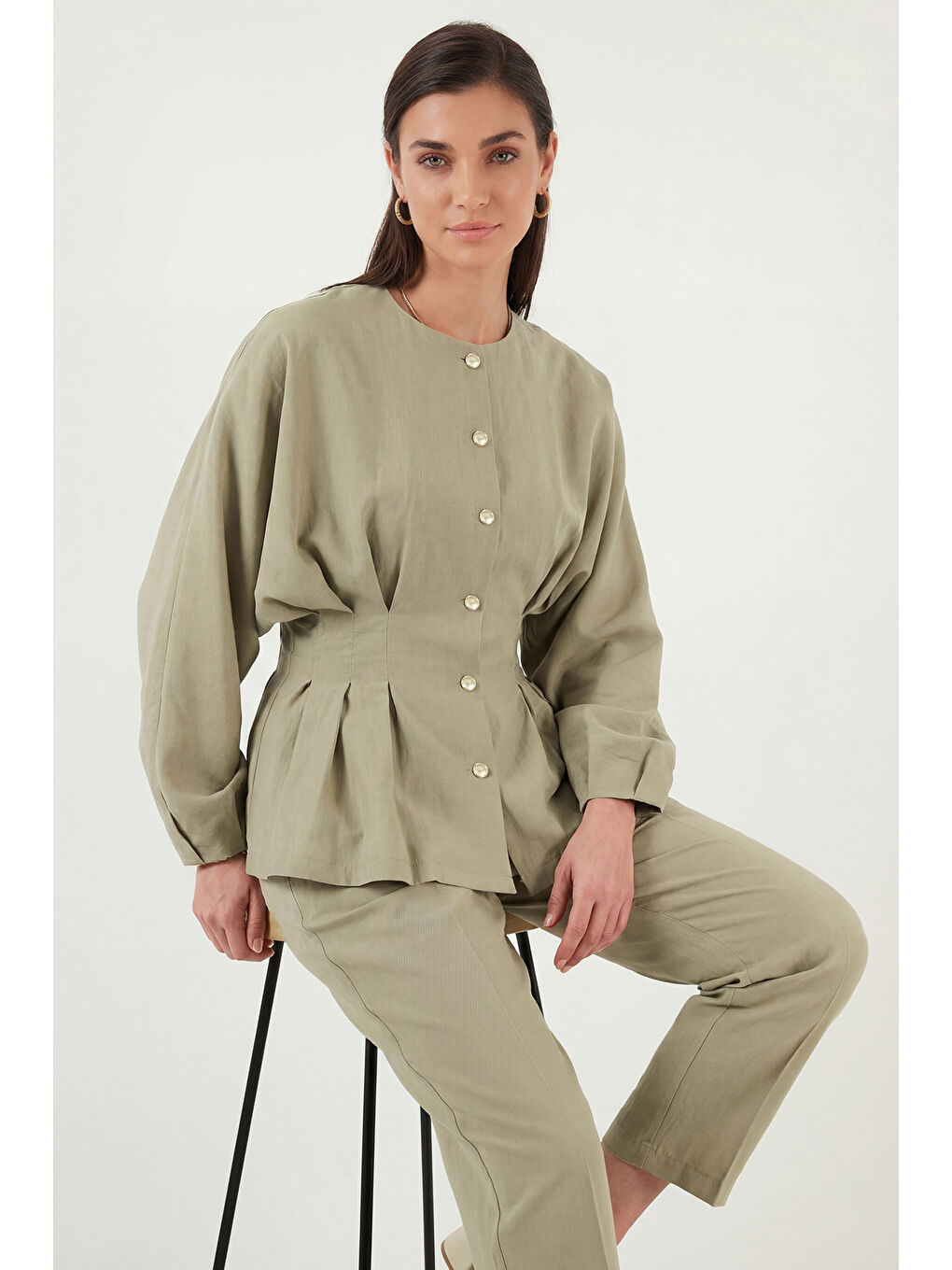 Yeşil Düğmeli Bisiklet Yaka Yüksek Bel Geniş Paça Kadın Takım 6928930-3