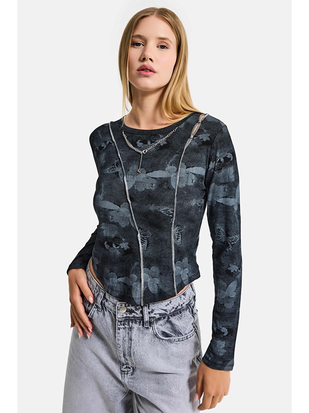 Kadın Siyah Antrasit w5 Baskılı Özel Elastan Kumaş Kolye Aksesuarlı Tasarım Body