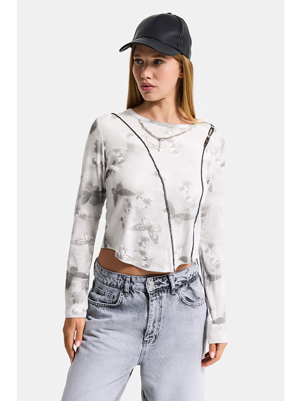 Kadın Beyaz w5 Baskılı Özel Elastan Kumaş Kolye Aksesuarlı Tasarım Body-5