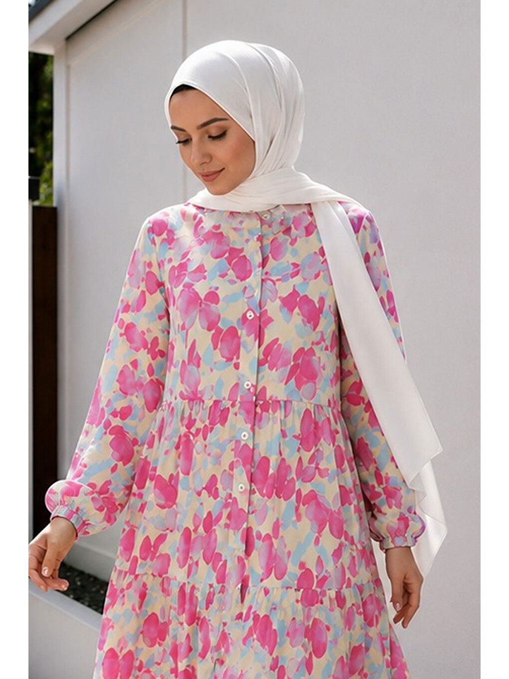 Pat Detaylı Yaprak Desenli Elbise Tsd260261 Pembe-1