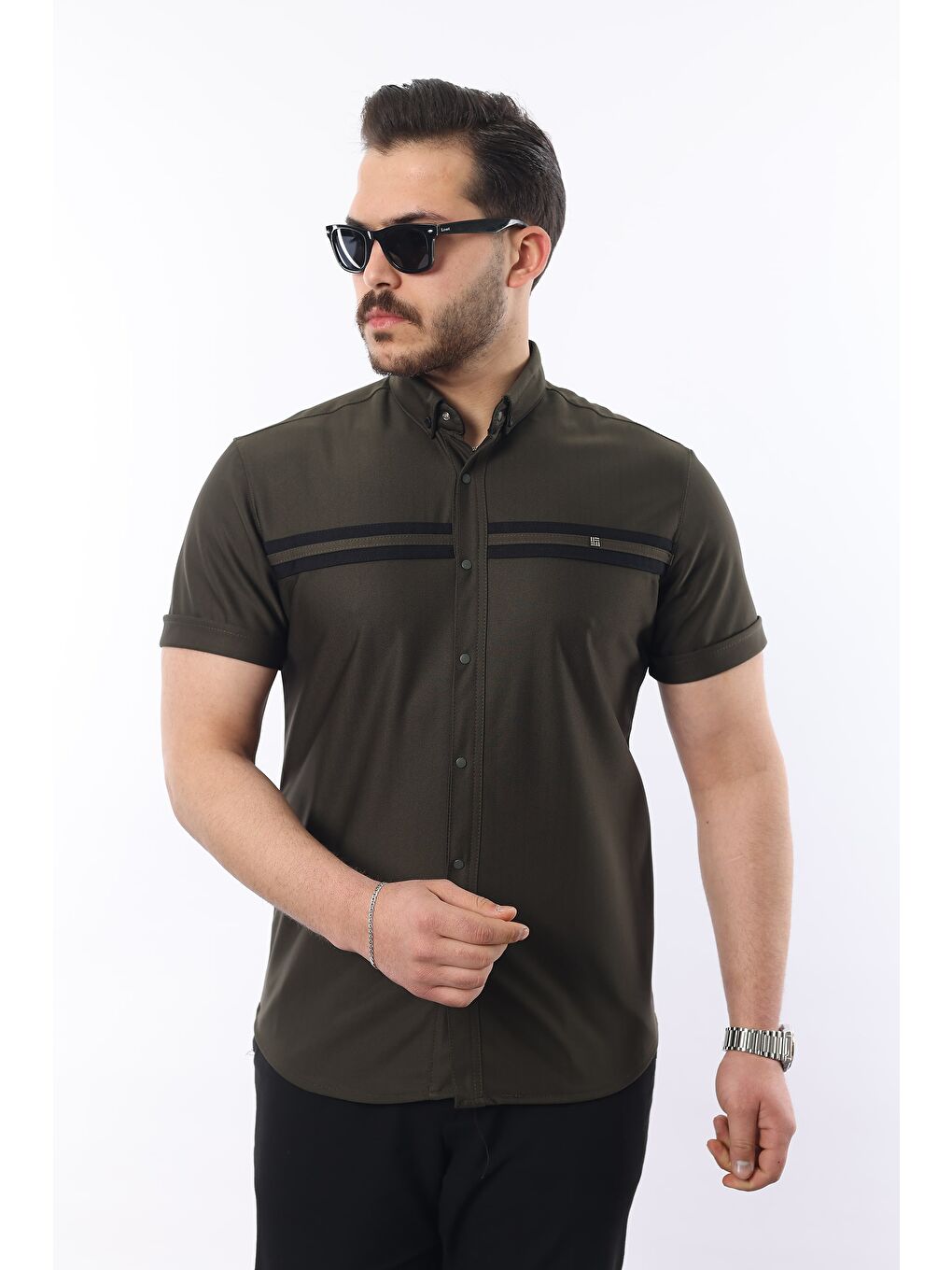 Haki Erkek Kısa Kollu Slim Fit Yazlık Çift Çizgili Gömlek