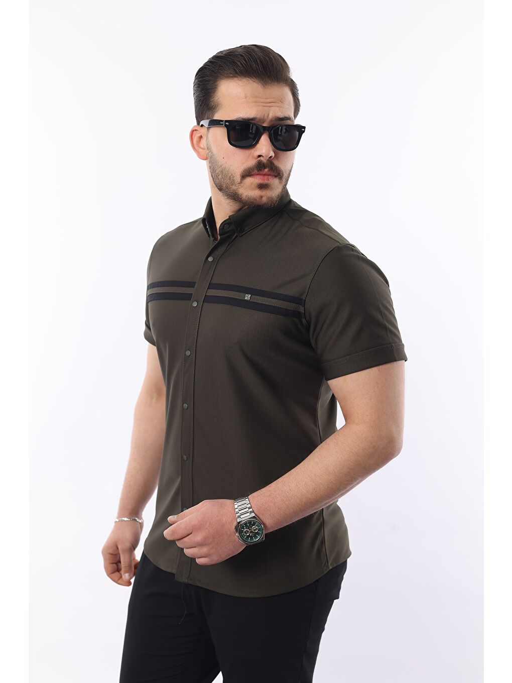 Haki Erkek Kısa Kollu Slim Fit Yazlık Çift Çizgili Gömlek-1