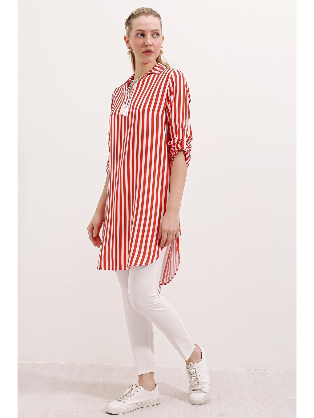 Kırmızı 5613 Yaka Bağcıklı Çizgili Tunik - Nar-1