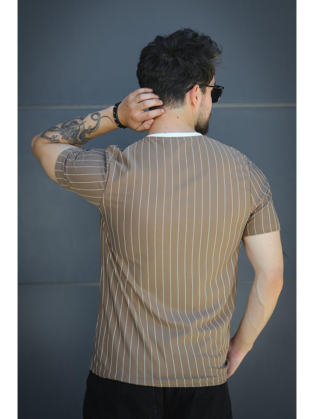 Kahverengi About Baskılı Çizgili Bisiklet Yaka Slim Fit Erkek Tshirt-3