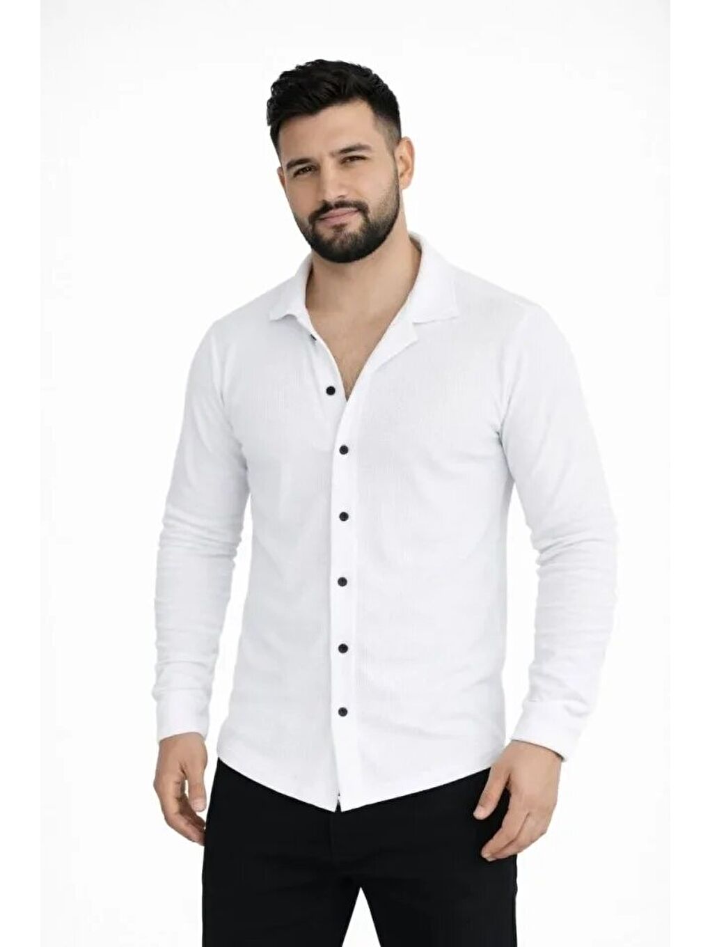 Erkek Waffle Kumaş Uzun Kollu Düğmeli Açık Yaka Regular Fit Gömlek - Beyaz