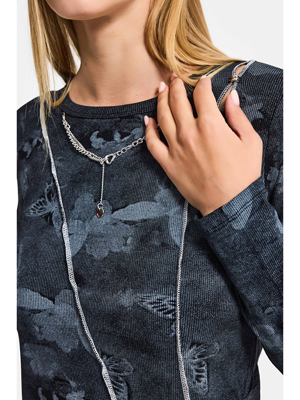 Kadın Siyah Antrasit w5 Baskılı Özel Elastan Kumaş Kolye Aksesuarlı Tasarım Body-1