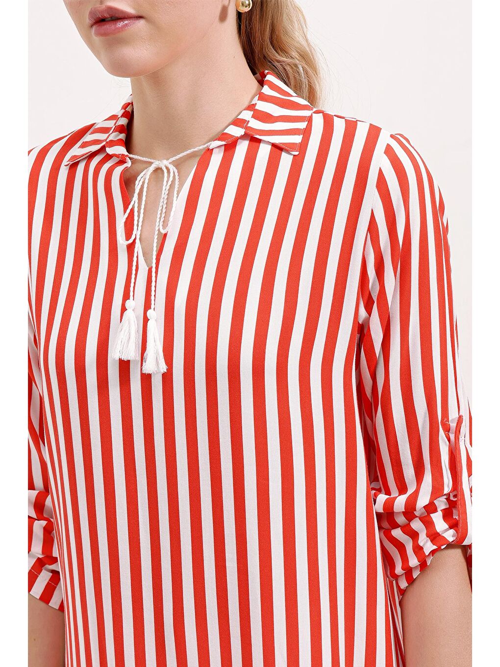 Kırmızı 5613 Yaka Bağcıklı Çizgili Tunik - Nar-2