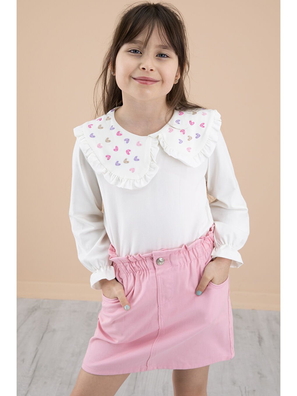 Pembe Yakası Kalp Nakışlı Badili Jean Etekli Kız Çocuk Takım 20332-1