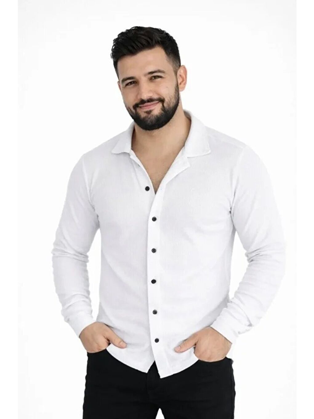 Erkek Waffle Kumaş Uzun Kollu Düğmeli Açık Yaka Regular Fit Gömlek - Beyaz-1