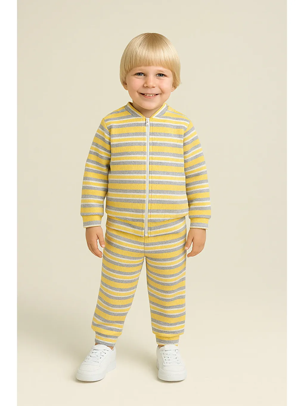 Sarı Unisex Çocuk Takımı Organik Pamuklu Şardonlu Kışlık Hırkalı Çizgili İkili Takım (1-5 Yaş)